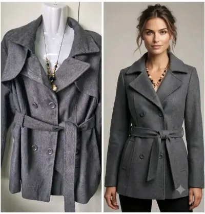 Abrigo gris con cinturón para mujer L - miniatura 3