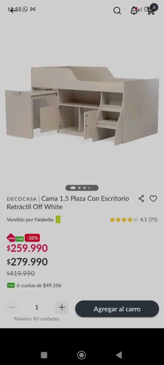 Cama 1.5 Plaza con Escritorio Retráctil Off White - 1