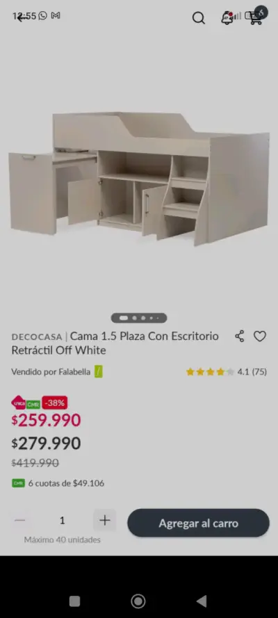Cama 1.5 Plaza con Escritorio Retráctil Off White - miniatura 1