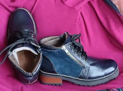 Botines de cuero azul con cordones y cierres - miniatura 4