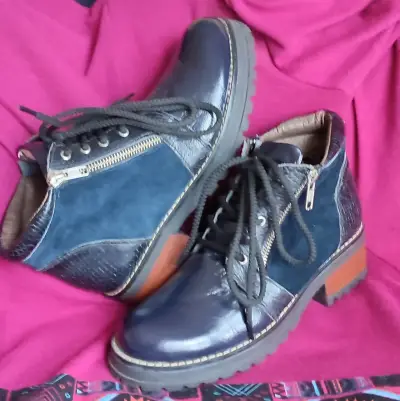 Botines de cuero azul con cordones y cierres - miniatura 5