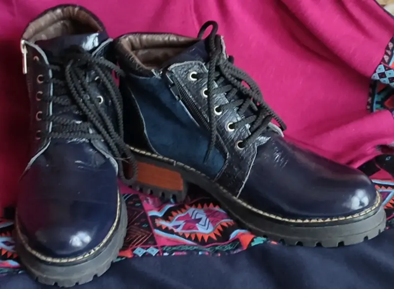 Botines de cuero azul con cordones y cierres - 6
