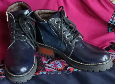 Botines de cuero azul con cordones y cierres - miniatura 6
