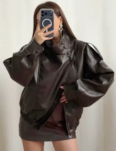 Chaqueta de cuero sintético cafe chocolate - miniatura 2