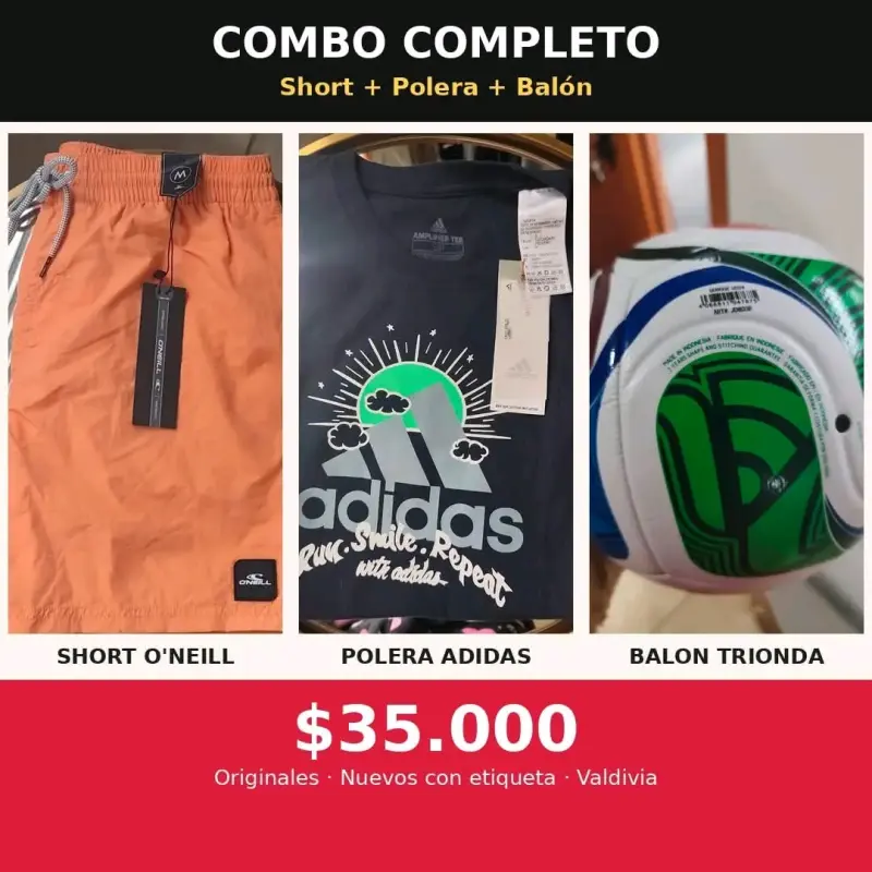 Combo completo: short O'Neill, polera Adidas y balón