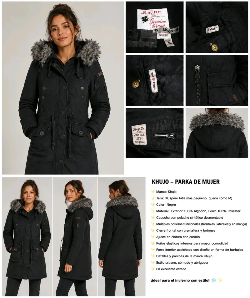 Parka de mujer Khujo negra con capucha