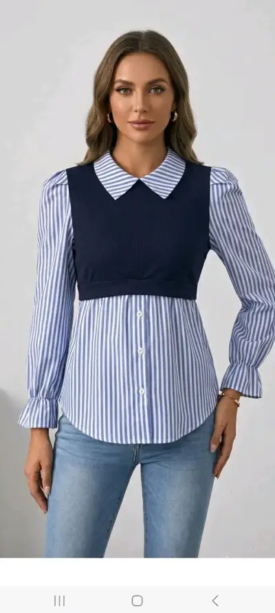 Blusa de rayas con chaleco azul marino talla M - miniatura 2
