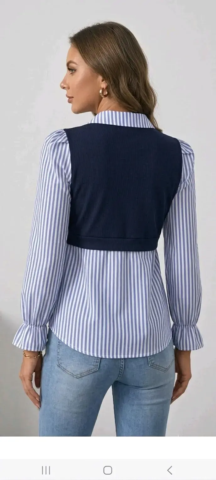 Blusa de rayas con chaleco azul marino talla M - 3
