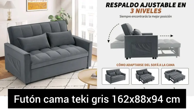 Futón cama gris con respaldo ajustable