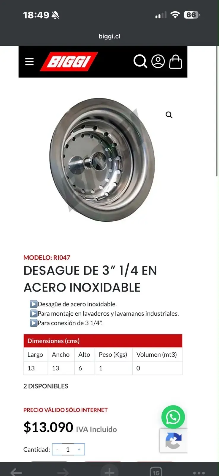 Desagüe de acero inoxidable 3 1/4" Biggi - 1