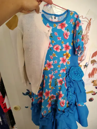 Vestido infantil floral azul con bolero - miniatura 1