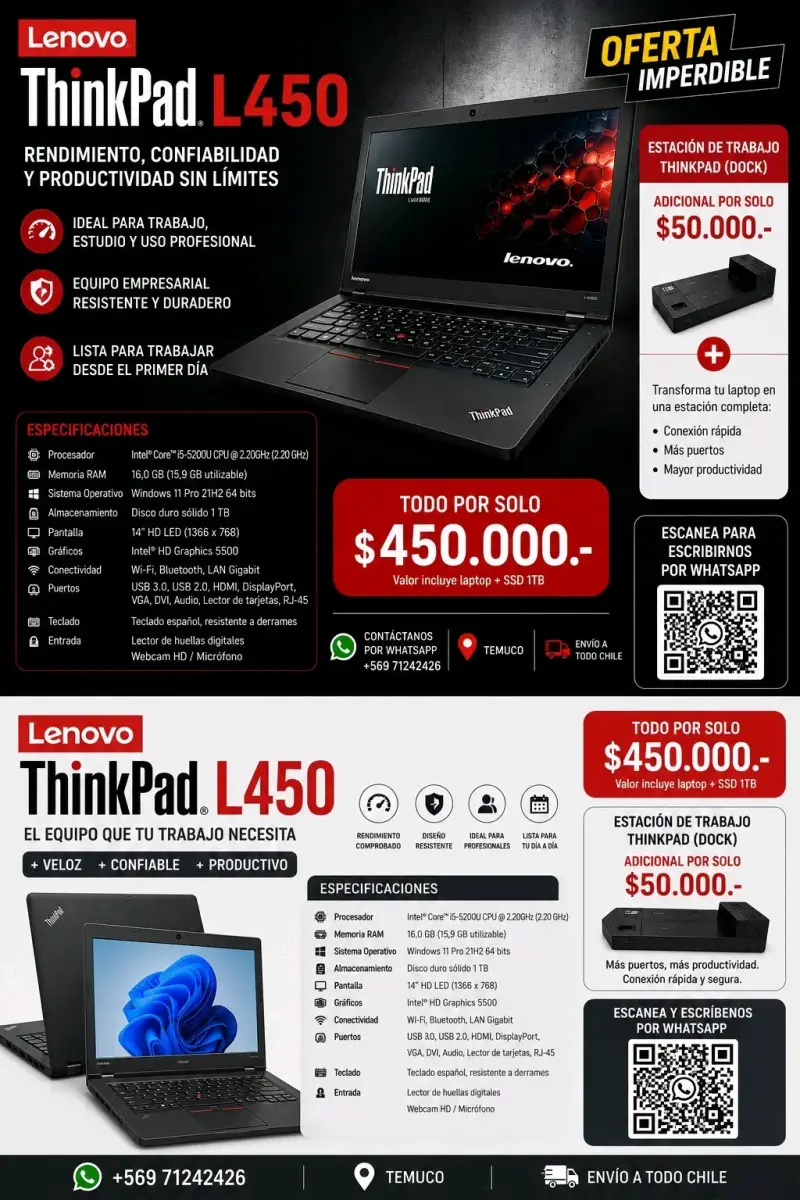Laptop Lenovo ThinkPad L450 con SSD 1TB
