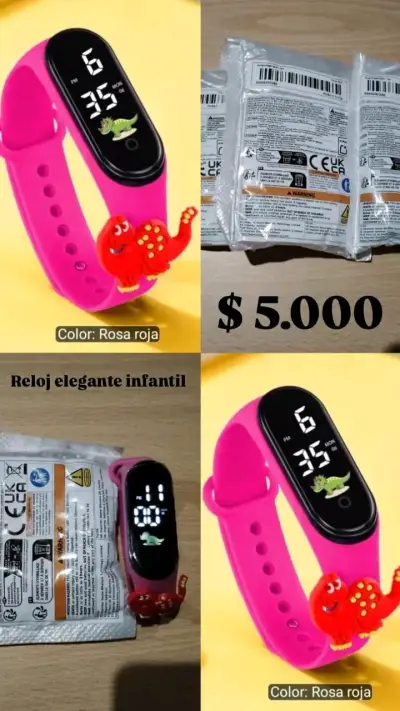 Reloj digital infantil rosa con dinosaurio - miniatura 1