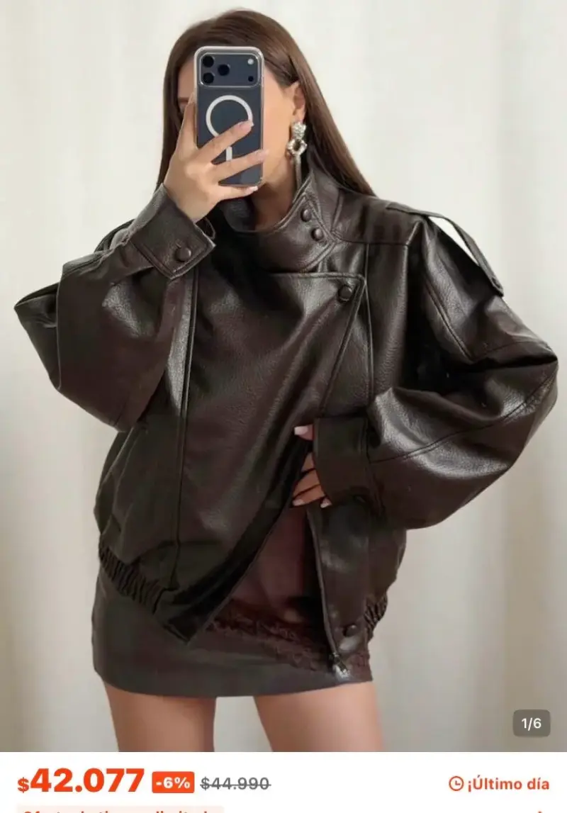 Chaqueta de cuero sintético marrón para mujer - 1