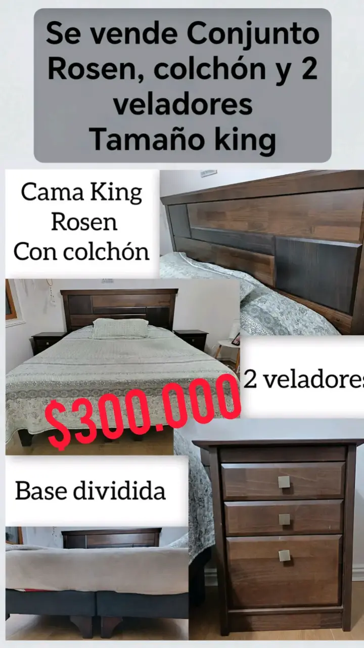 Conjunto cama king Rosen con colchón y veladores