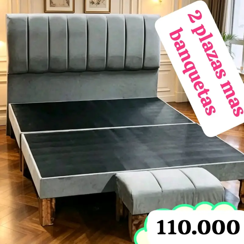 Cama de 2 plazas con banqueta gris