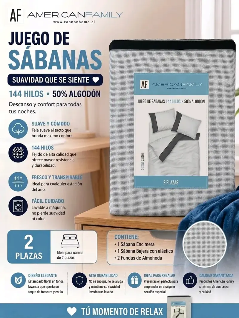 Juego de sábanas 2 plazas 144 hilos American Family - 2