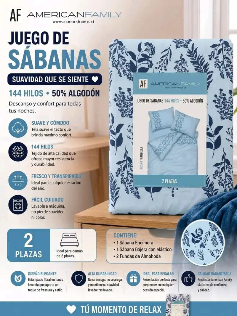 Juego de sábanas 2 plazas 144 hilos American Family - 4
