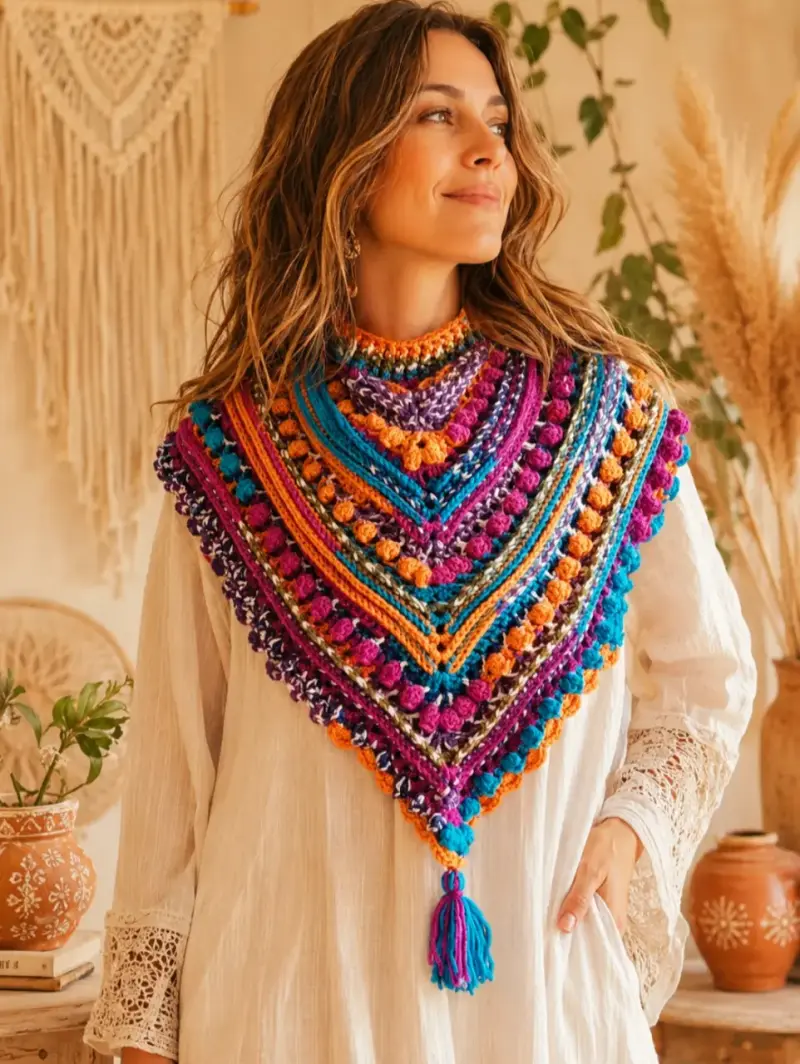 Gola turca tejida a crochet multicolor bohemio - 1
