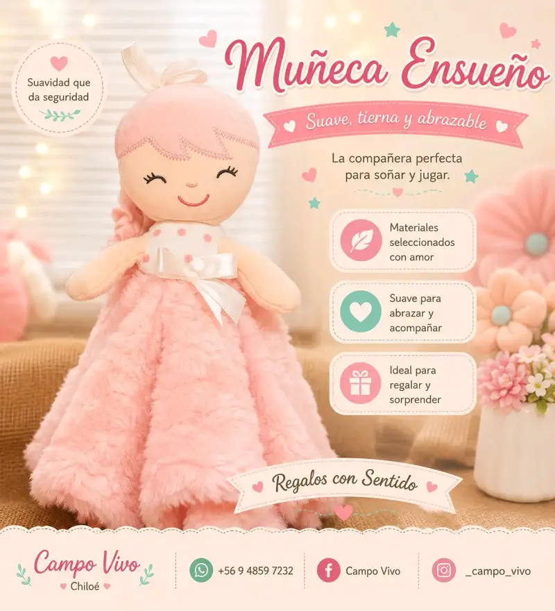Muñeca de tela rosa con vestido suave - 2