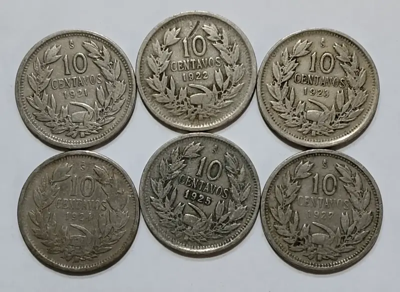 17 Monedas antiguas 10 centavos Chile 1921 - 1941 - 1