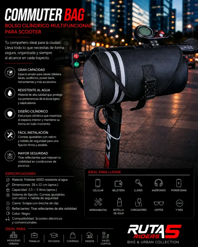 Bolso cilíndrico multifuncional para scooter