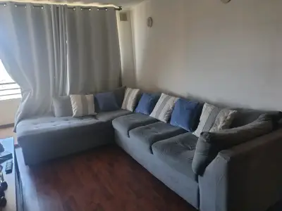 Sofá seccional gris con cojines decorativos - miniatura 1