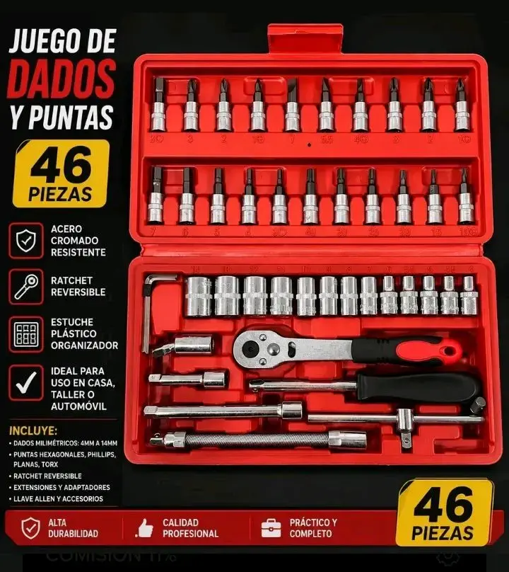 Juego de dados y puntas 1/4, 46 piezas