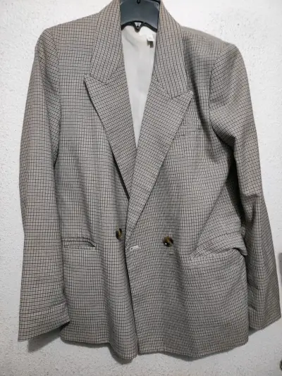 Blazer de lana a cuadros beige para mujer - miniatura 1