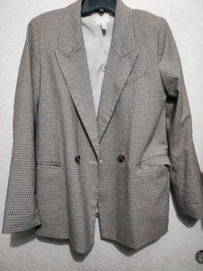 Blazer de lana a cuadros beige para mujer - miniatura 3