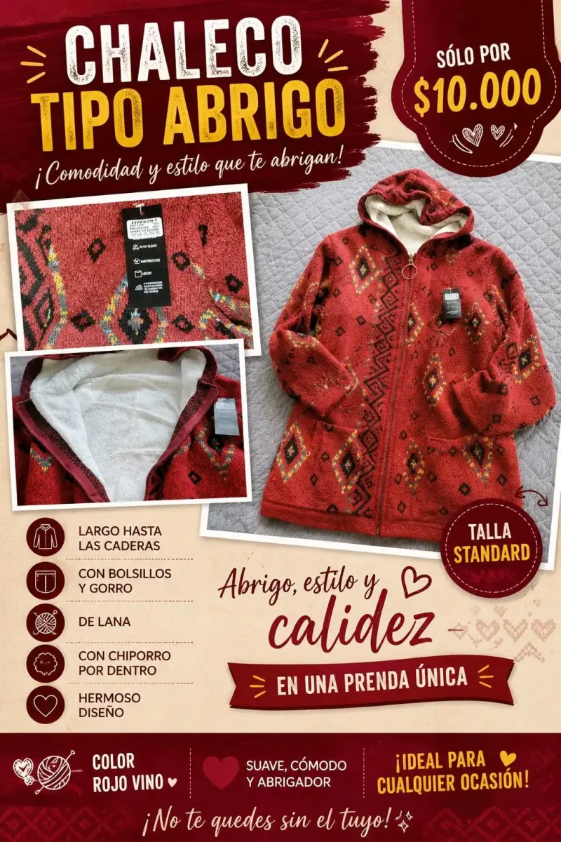 Chaleco tipo abrigo rojo vino con chiporro