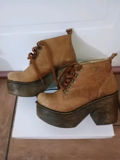 Botines de cuero con plataforma marrón - miniatura 1