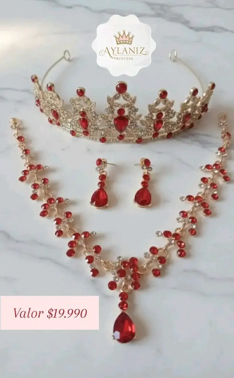 Set de joyería con corona y piedras rojas