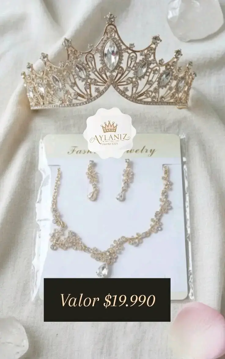 Set de joyería con tiara dorada y cristales