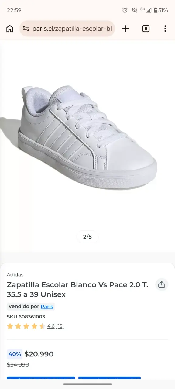Zapatillas escolares blancas Adidas unisex