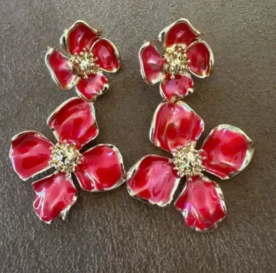 Aros florales rojos esmaltados - miniatura 1