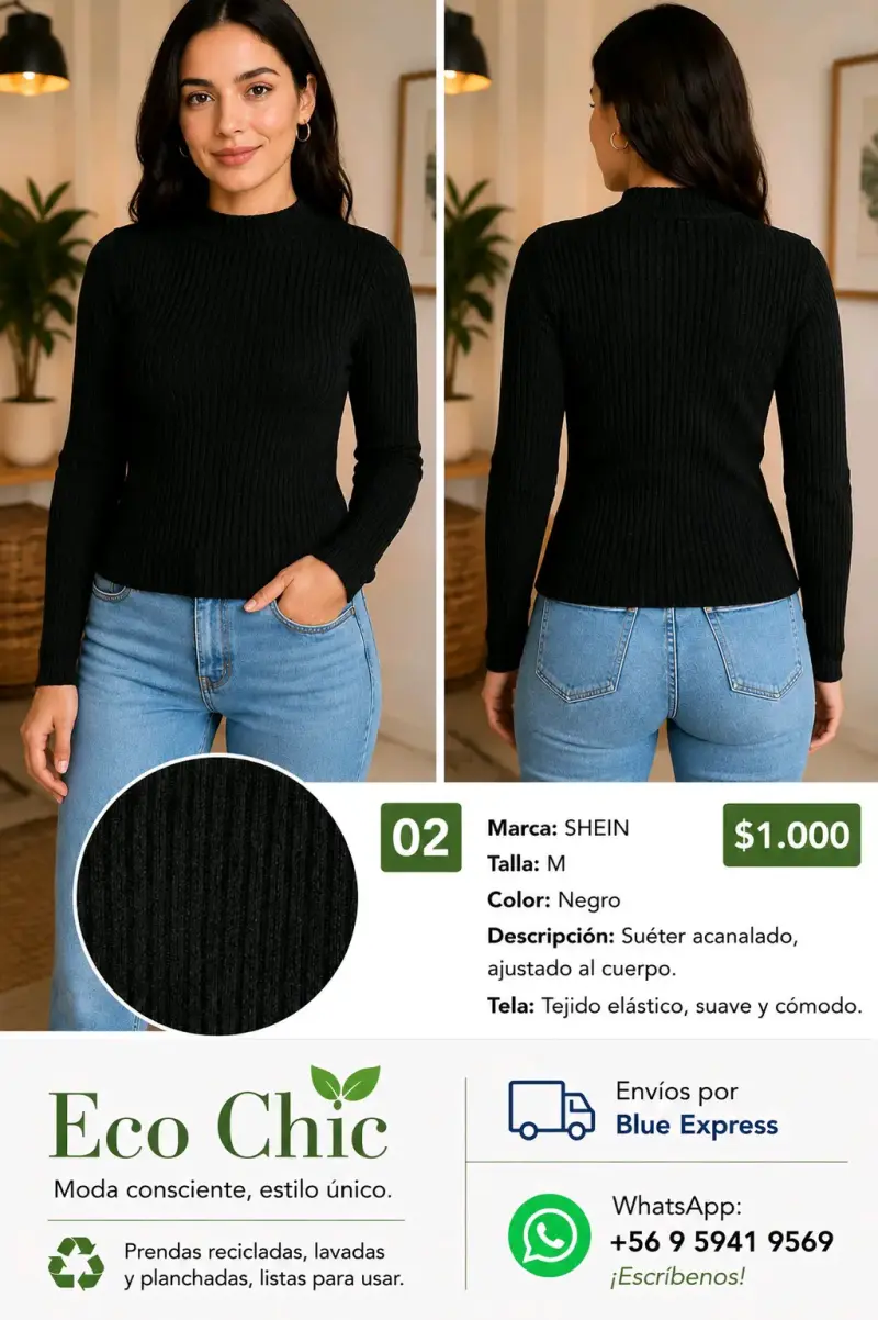 Suéter acanalado negro SHEIN talla M