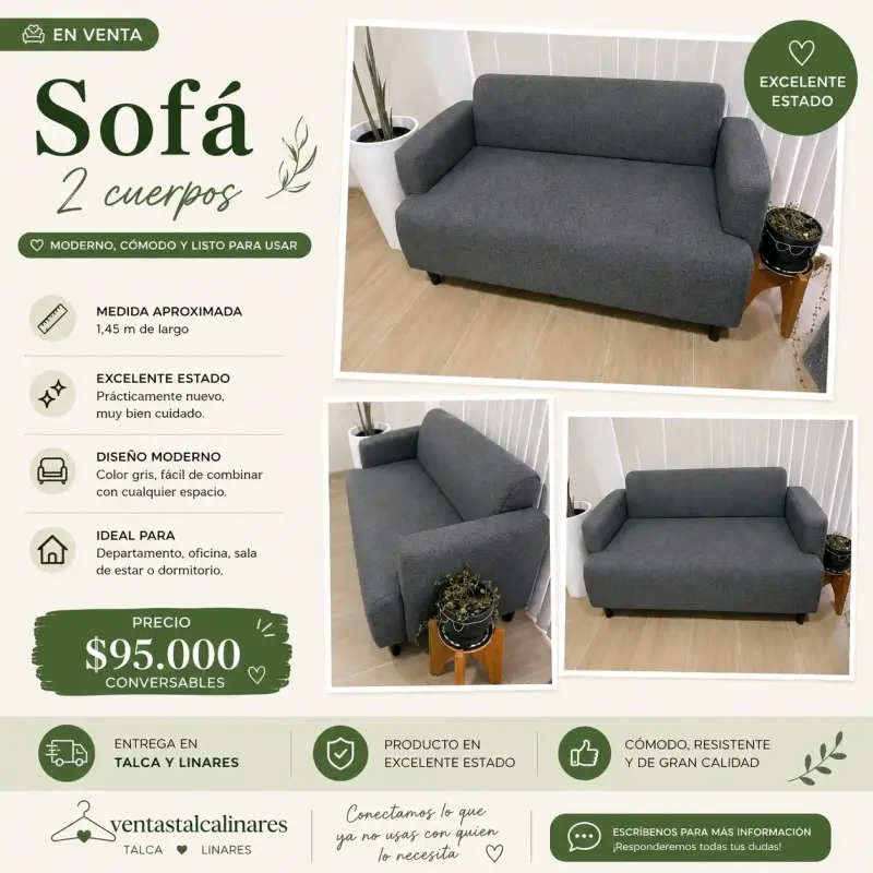 Sofá 2 cuerpos gris moderno