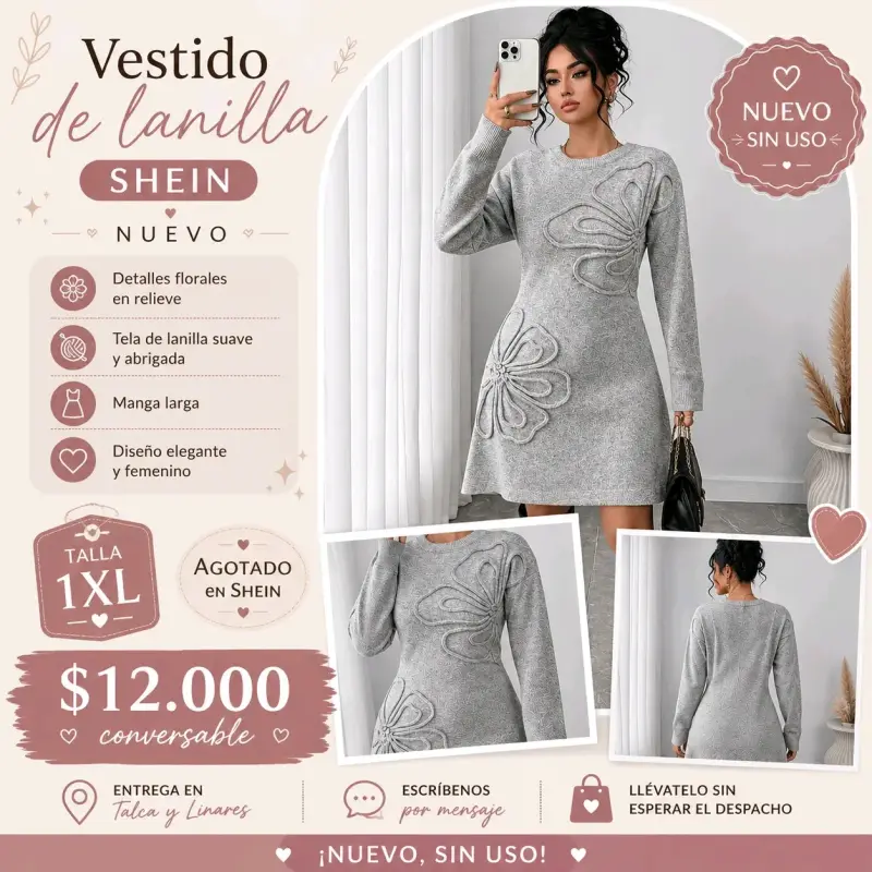 Vestido de lanilla gris con diseño floral