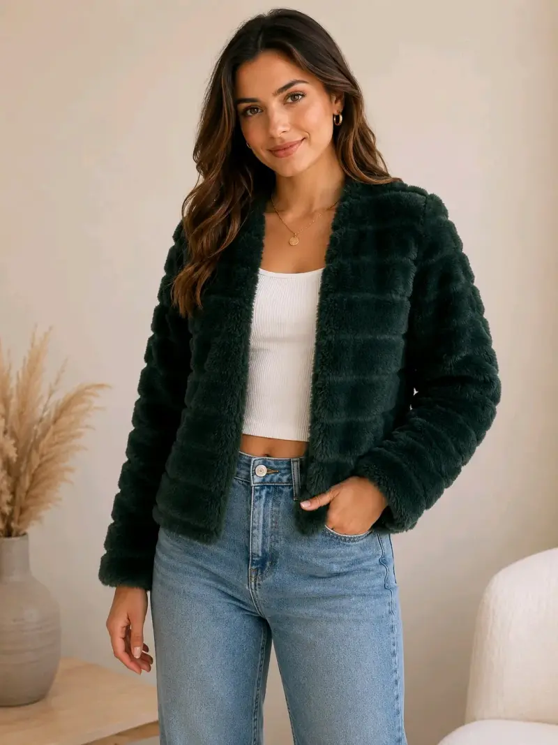 Chaqueta de peluche verde oscuro para mujer