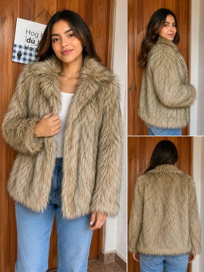 Chaqueta de piel sintética beige para mujer - 1