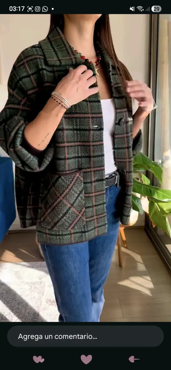 Abrigo de cuadros verde estilo casual - 3