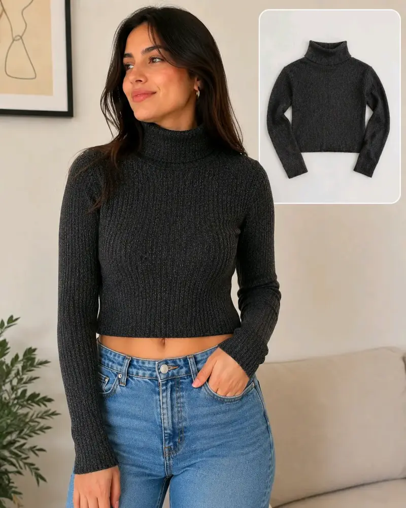 Suéter de cuello alto gris oscuro para mujer - 1