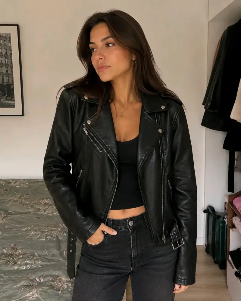 Chaqueta de cuero negra estilo biker - 1