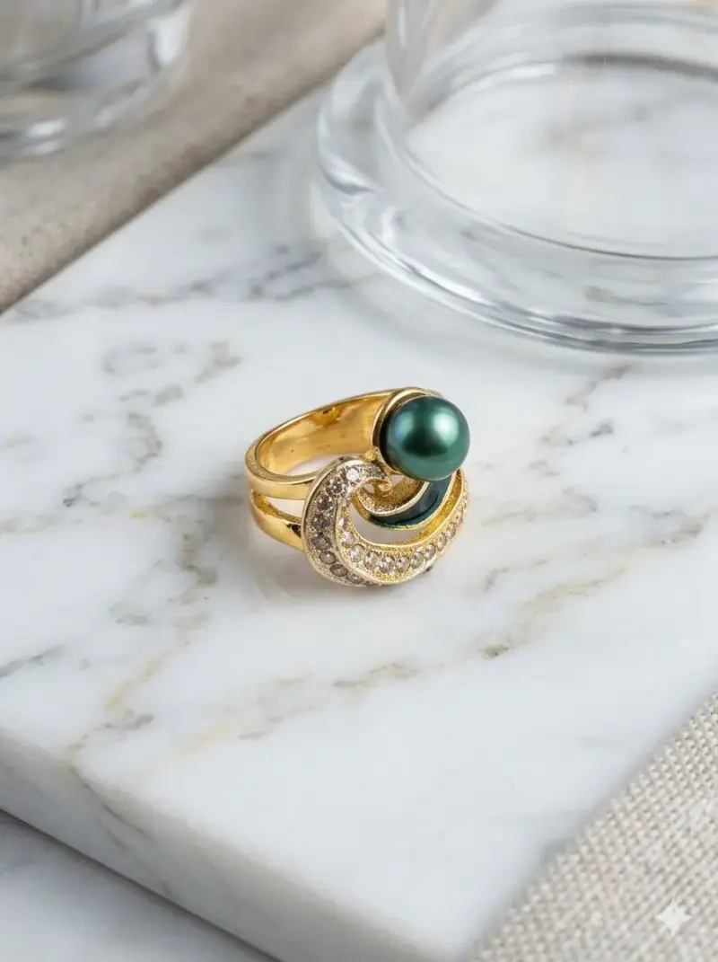 Anillo de Cóctel "Gota de PavoReal" en Baño de oro - 1