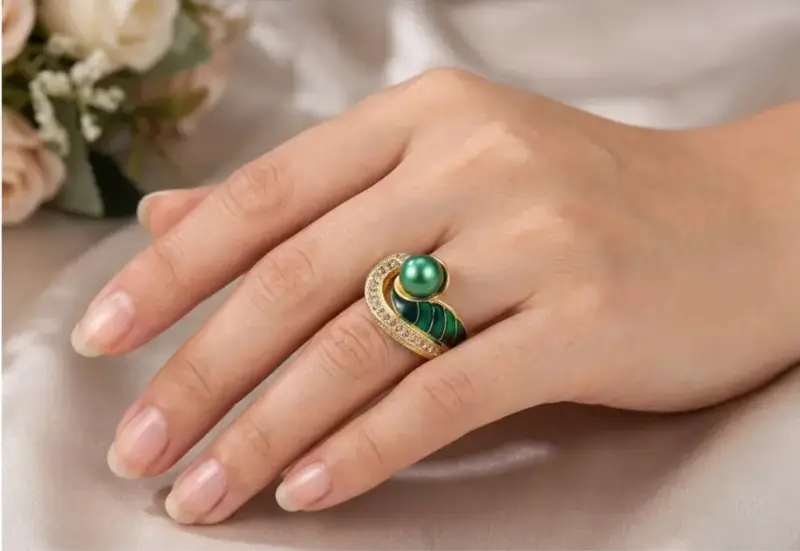 Anillo de Cóctel "Gota de PavoReal" en Baño de oro - 2