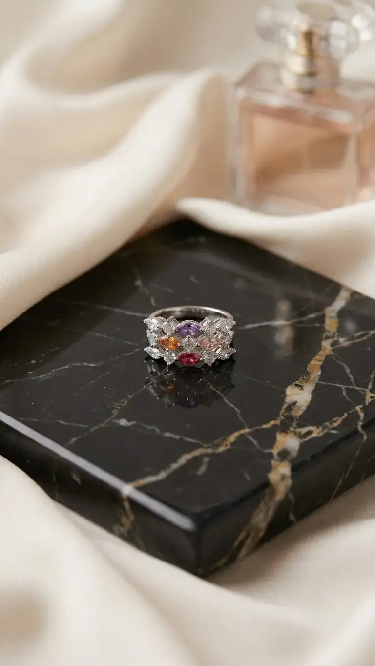 Anillo Cintillo de Plata 925 con Mosaico de Gemas - 1