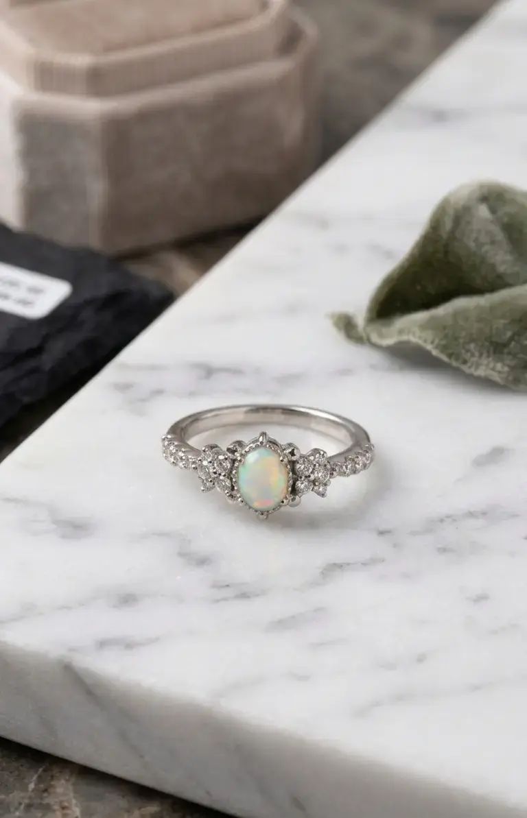 Anillo Vintage de Ópalo Blanco y Halo de Cristales - 1