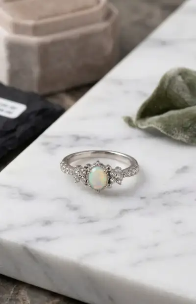 Anillo Vintage de Ópalo Blanco y Halo de Cristales - miniatura 1