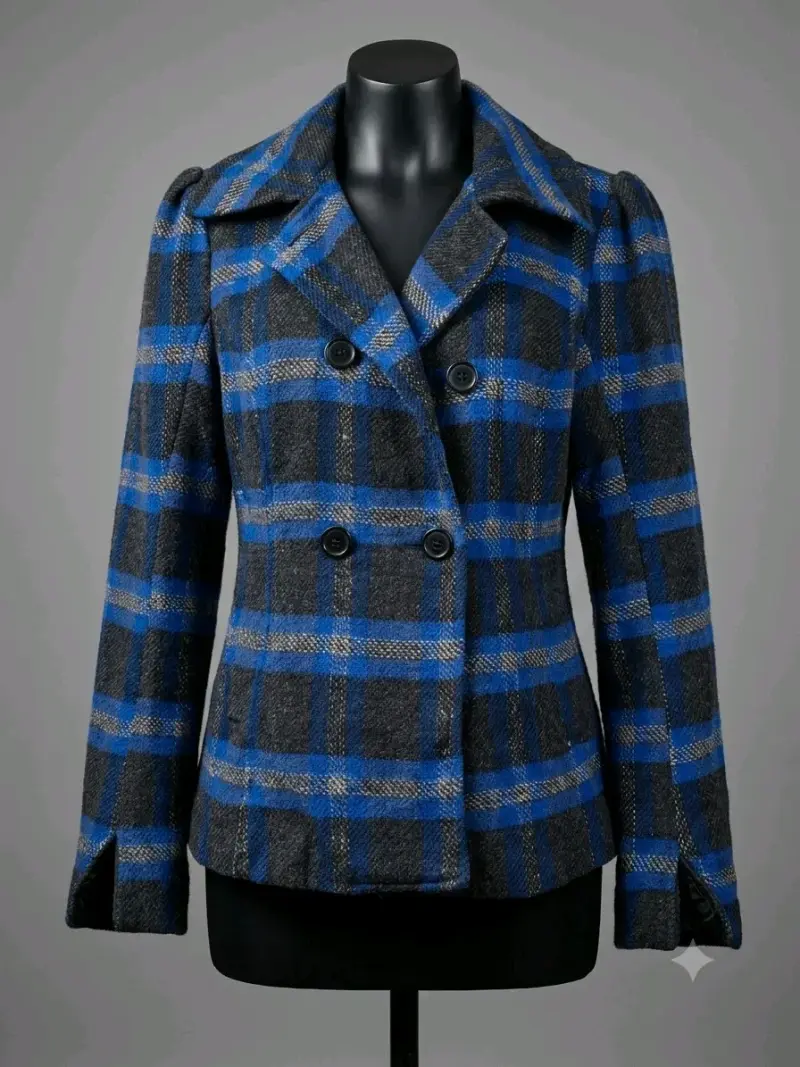Abrigo de lana a cuadros azul y gris - 1